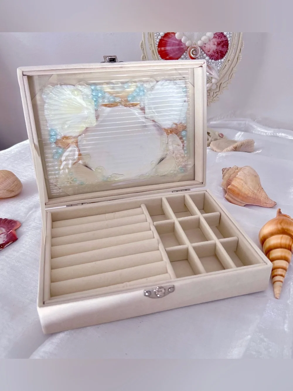 Handcrafted Seashell Jewelry Box in White and Pearl Blue